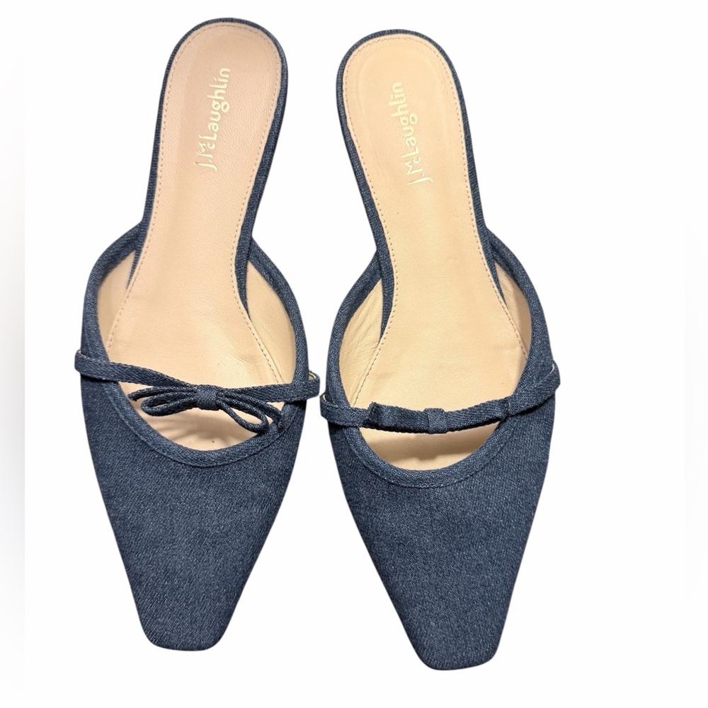 J. McLaughlin Denim Blue Pointed-Toe Bow Backless Mules - Picture 2 of 5